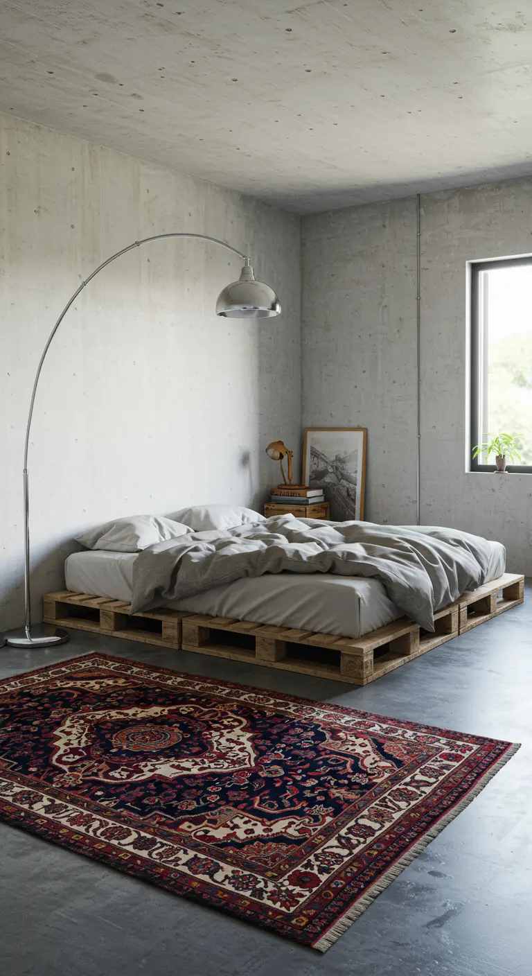 Lit DIY fait de palettes en bois dans une chambre au style industriel et bohème.