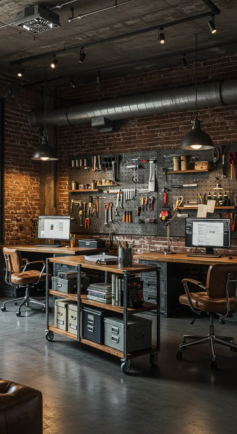 Bureau partagé de style industriel avec mur de briques, panneaux perforés pour outils et suspensions.