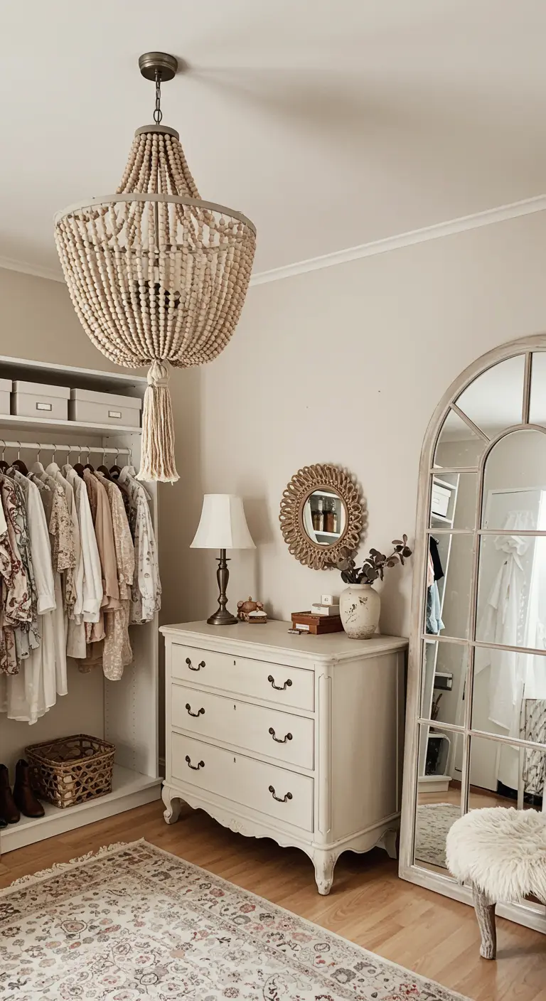 Dressing avec lustre en perles de bois, commode et miroir arqué.