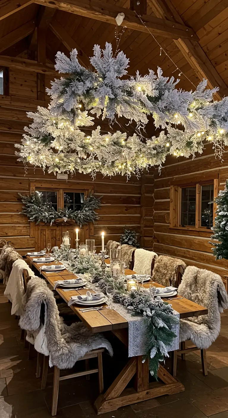 Table de banquet dans un chalet en bois avec un lustre de branches enneigées.