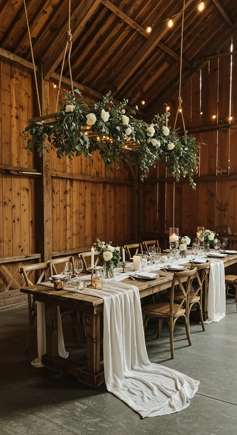 Table de mariage rustique dans une grange avec un lustre floral suspendu.
