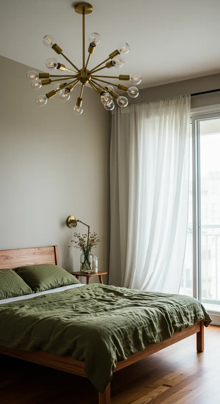 Chambre moderne avec un lustre Sputnik en laiton au-dessus d'un lit en bois.