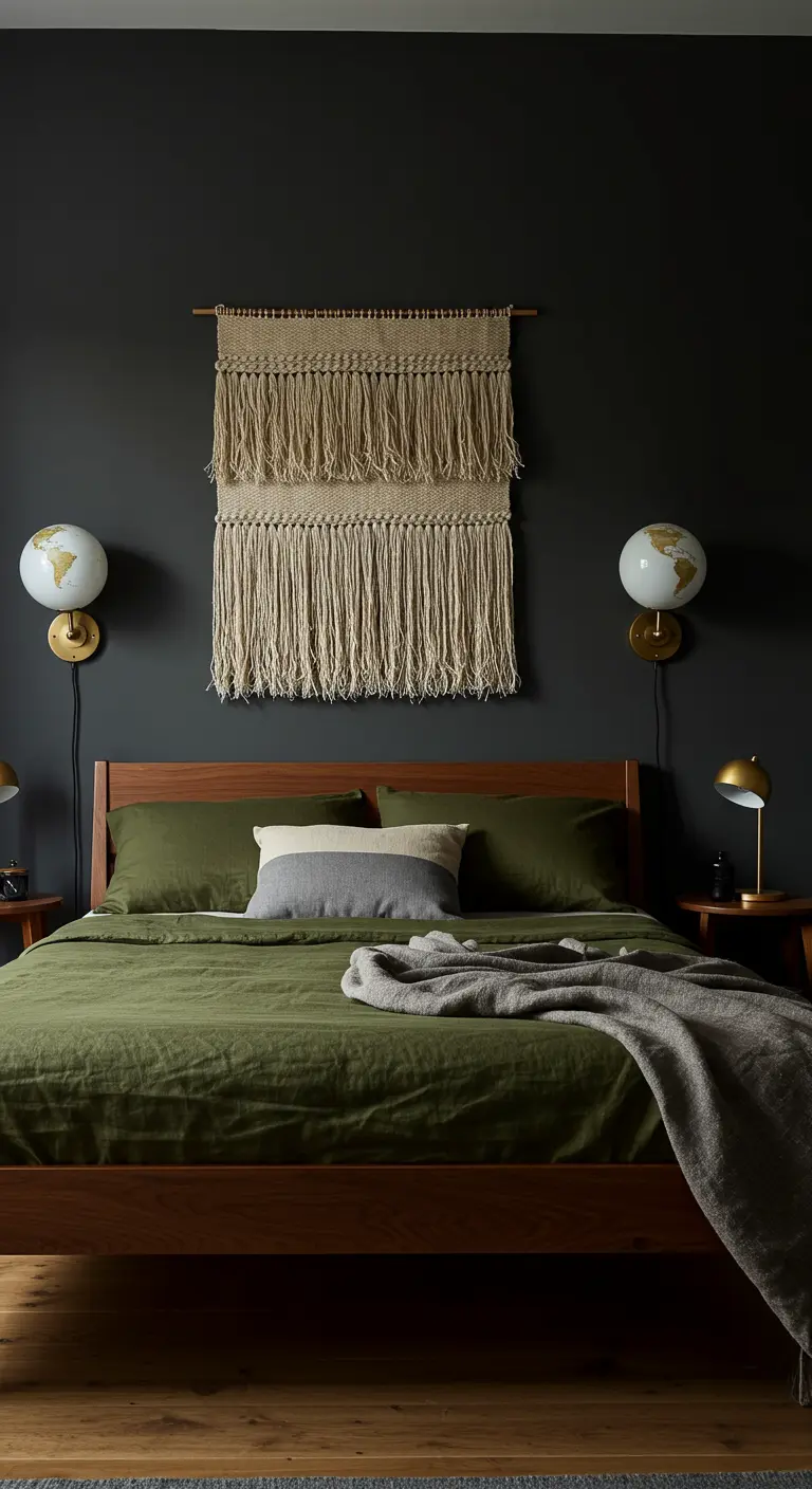 Grande tenture en macramé sur un mur gris foncé au-dessus d'un lit en bois.