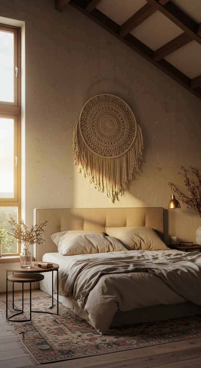 Grand macramé circulaire de style mandala accroché au-dessus d'un lit beige.