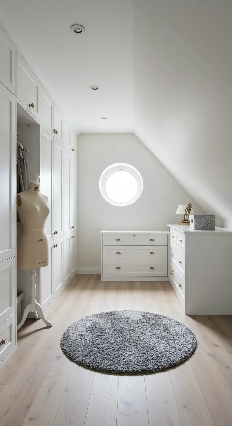 Dressing blanc sous les combles avec un mannequin de couture et un tapis rond.