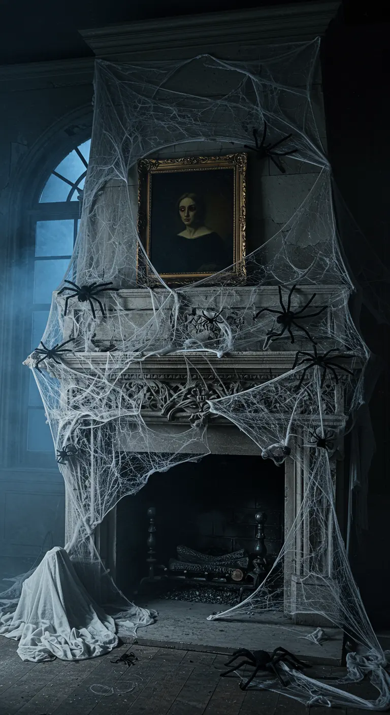 Cheminée ancienne recouverte de toiles d'araignées et d'un portrait hanté pour Halloween.