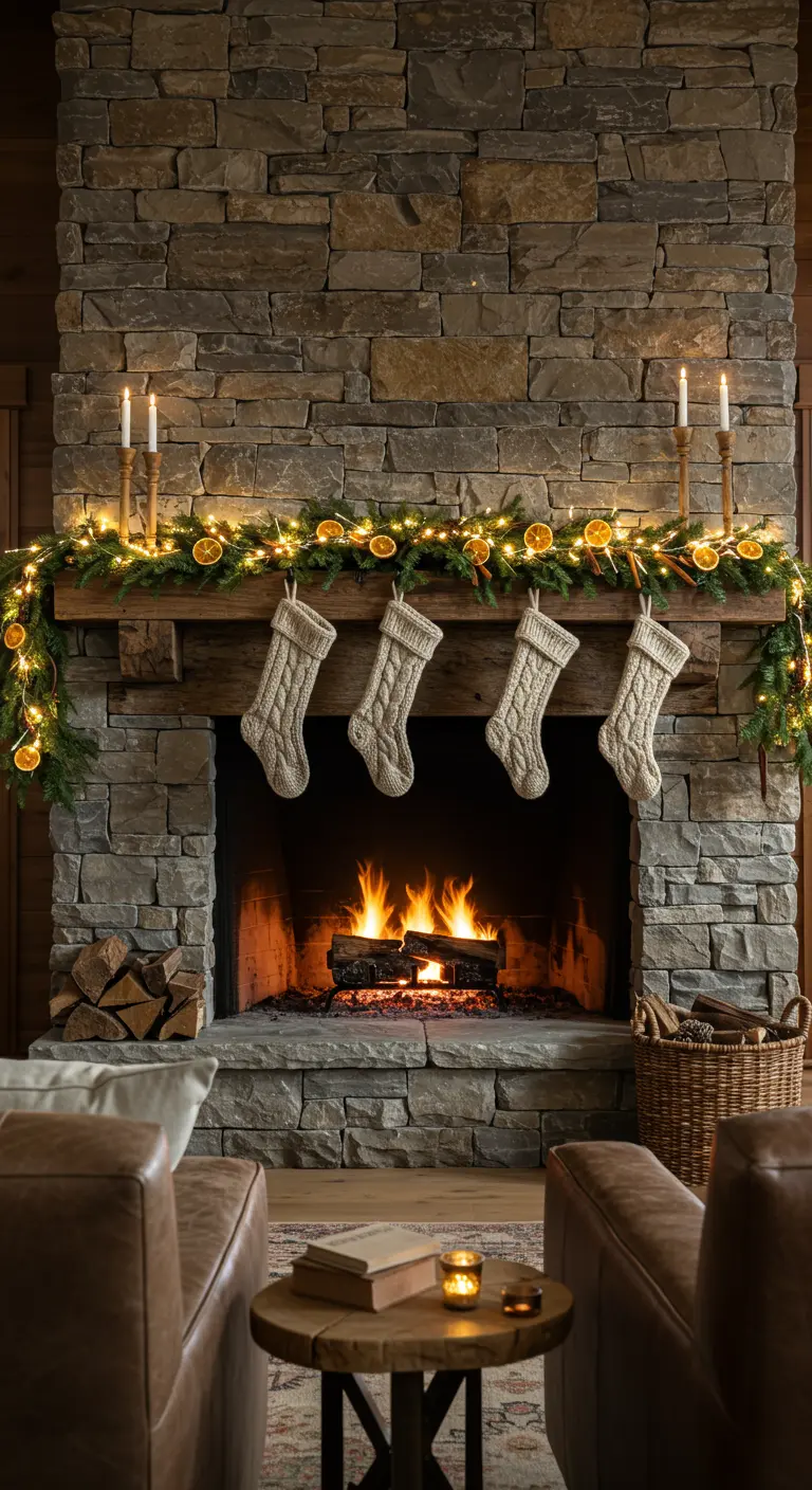 Cheminée en pierre décorée d'une guirlande de sapin avec des rondelles d'orange séchée.