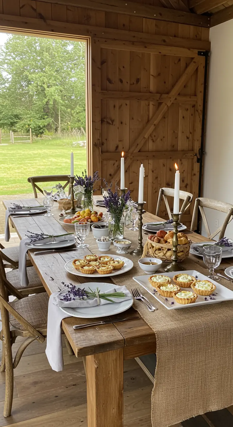 Table de brunch rustique avec des brins de lavande sur les assiettes.