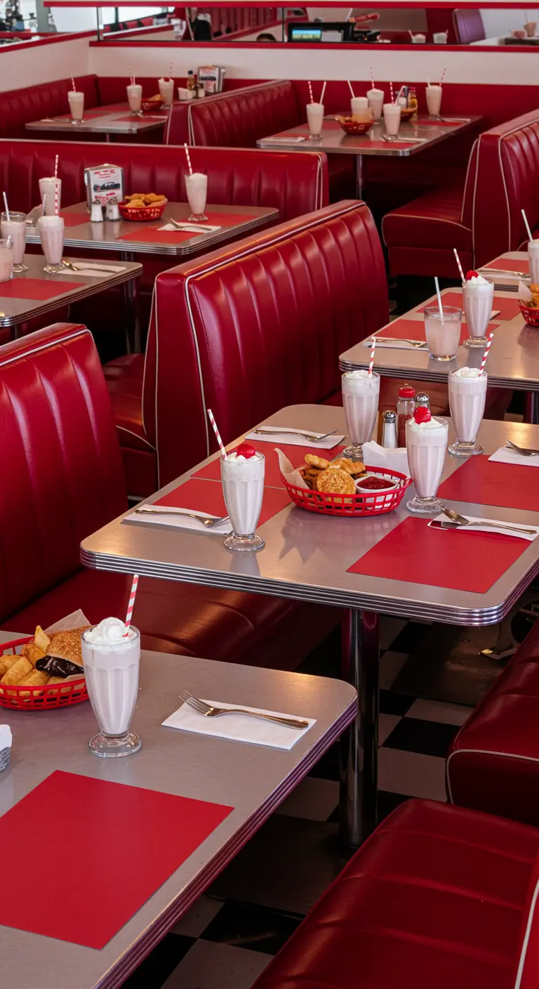 Tables de diner avec milkshakes, frites et burgers dans des paniers rouges.