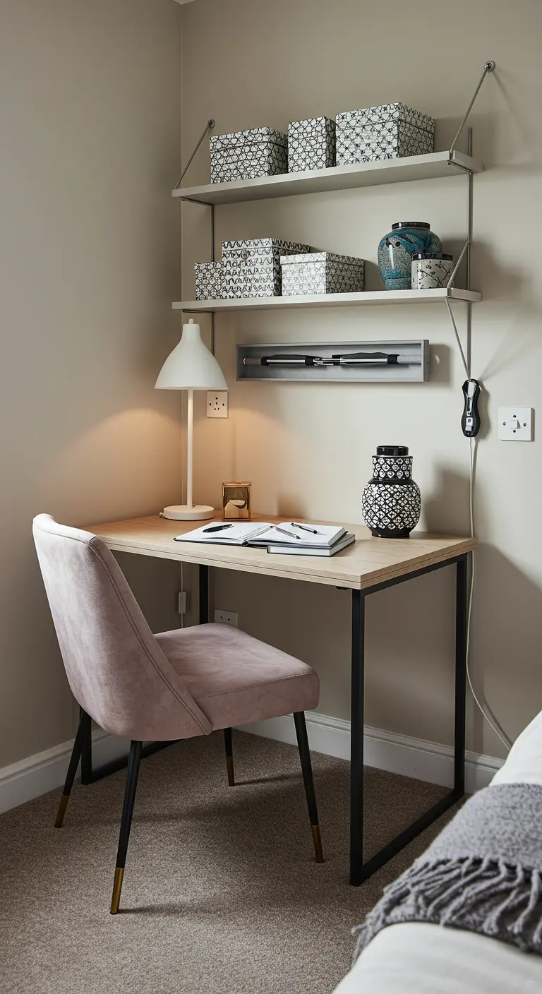 Petit bureau dans un coin de pièce avec une chaise en velours rose et des étagères murales.