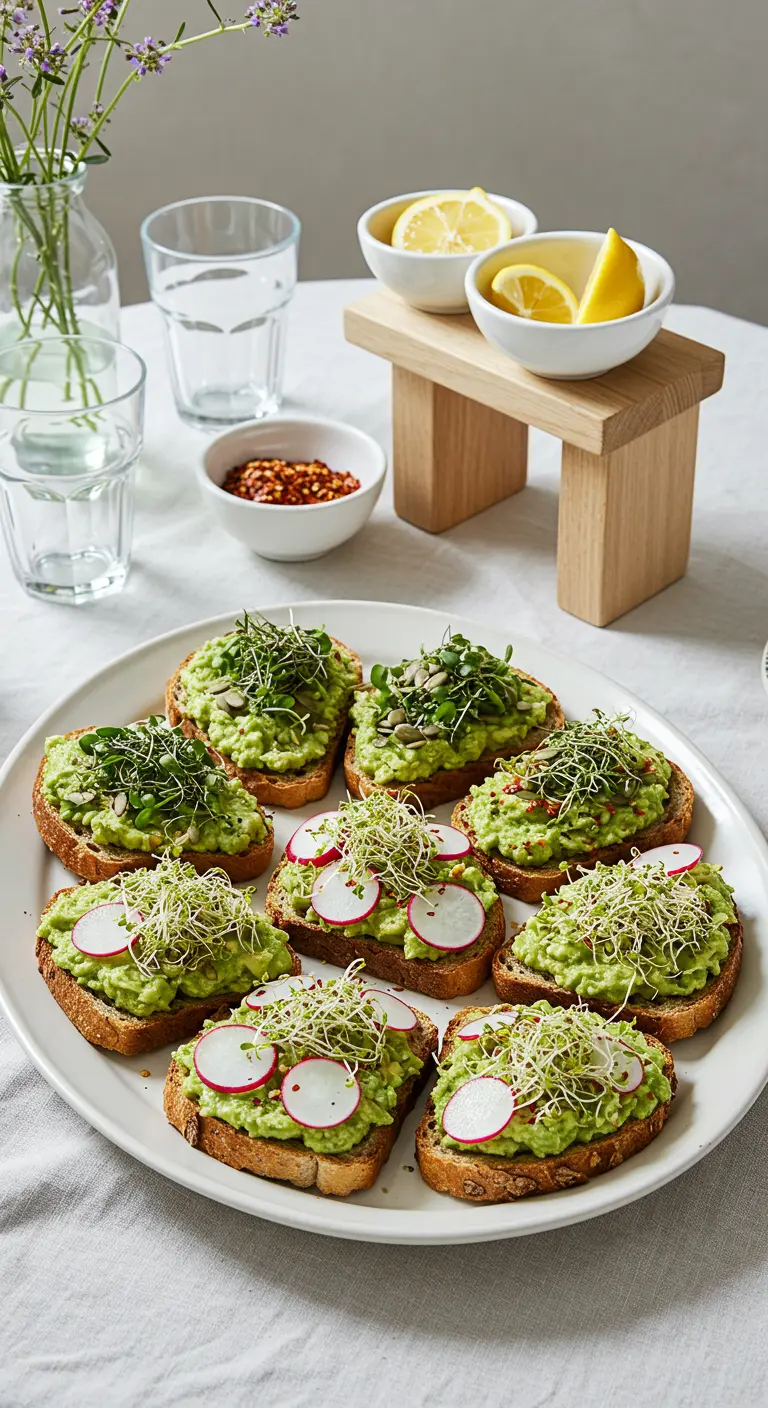 Toasts à l'avocat, avec un petit banc en bois surélevant les bols de citrons.