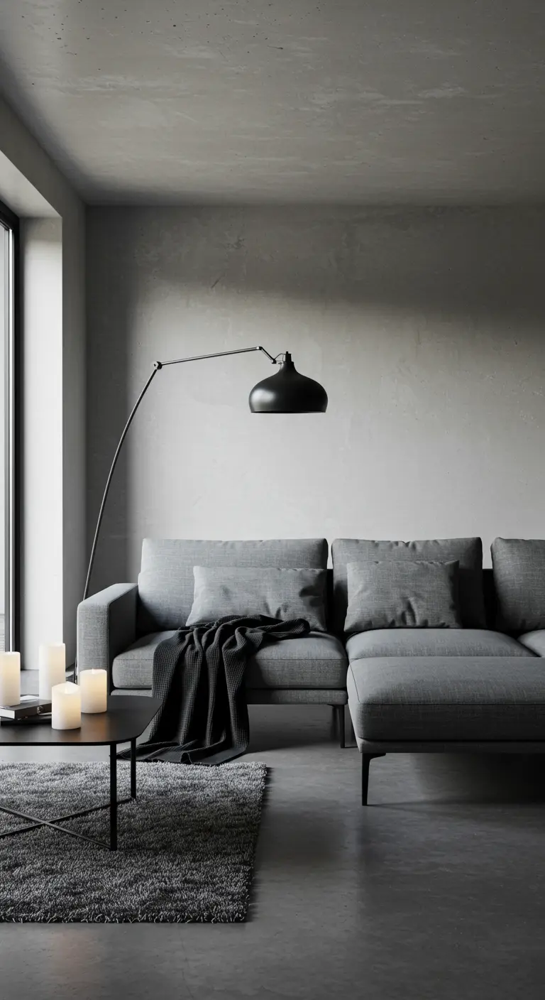 Salon minimaliste gris avec canapé, sol en béton et bougies blanches.