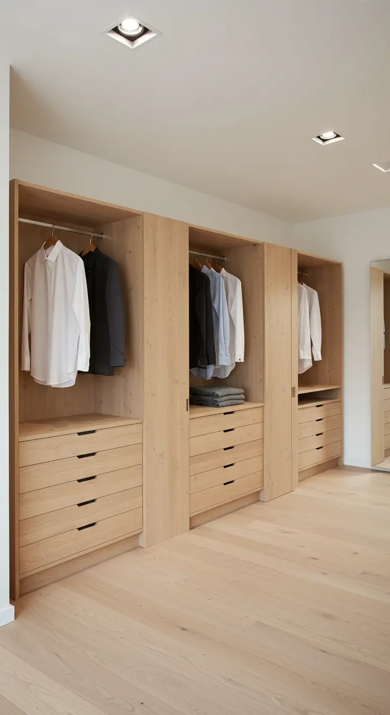 Dressing ouvert en bois clair avec tiroirs sans poignées et penderies intégrées.