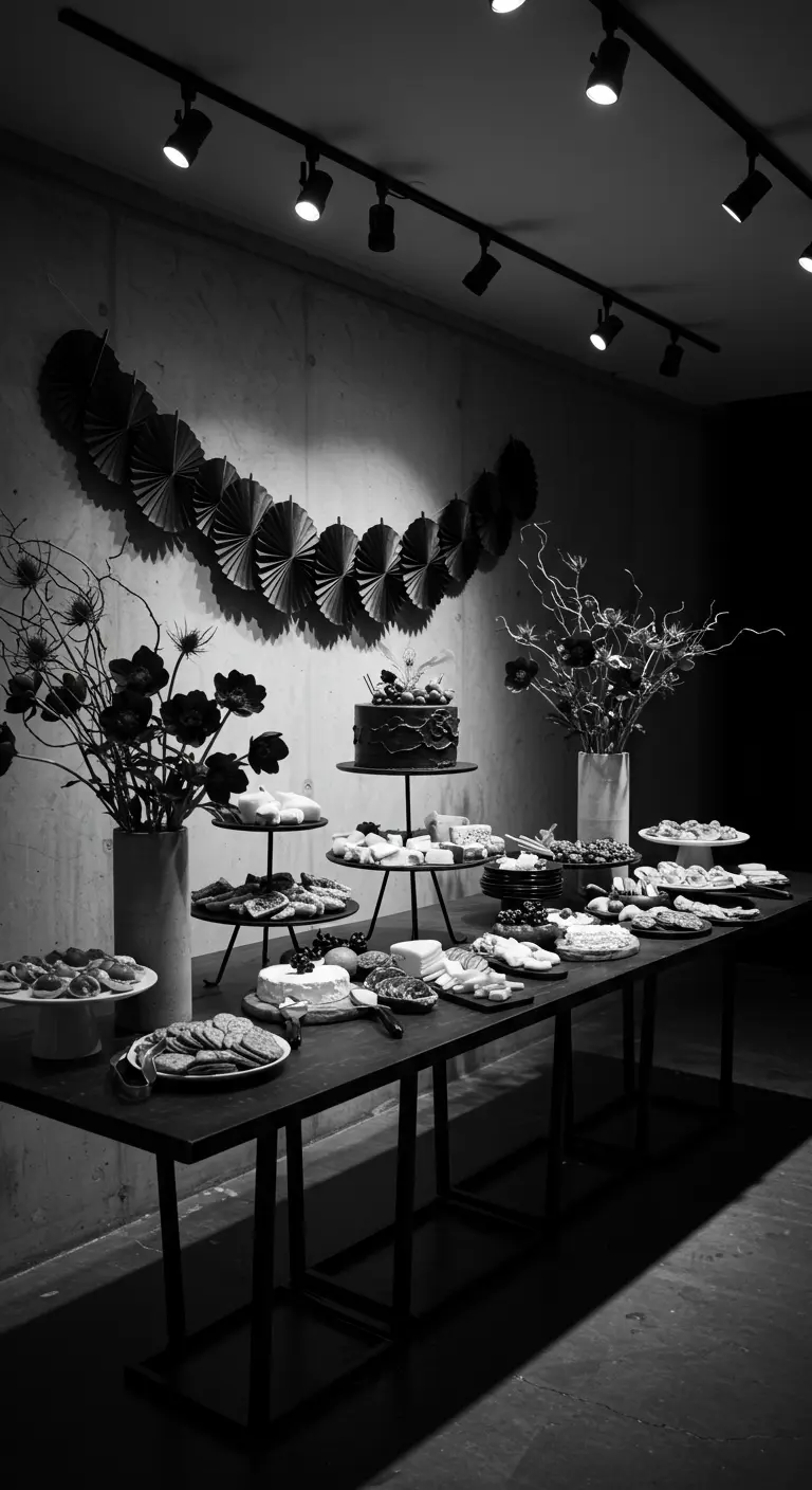 Buffet d'anniversaire monochrome noir et blanc avec une guirlande de rosaces en papier noir.