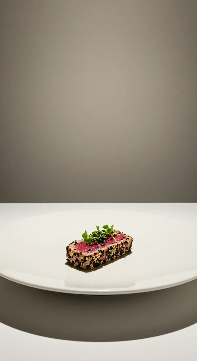 Petite portion de thon sur une très grande assiette blanche.