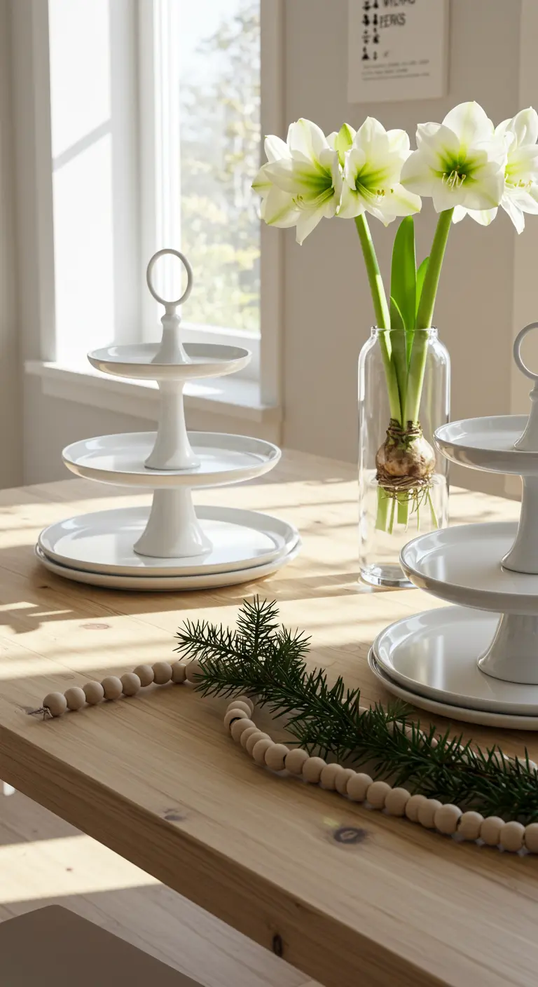 Table scandinave minimaliste avec des présentoirs blancs, des perles en bois et des branches.