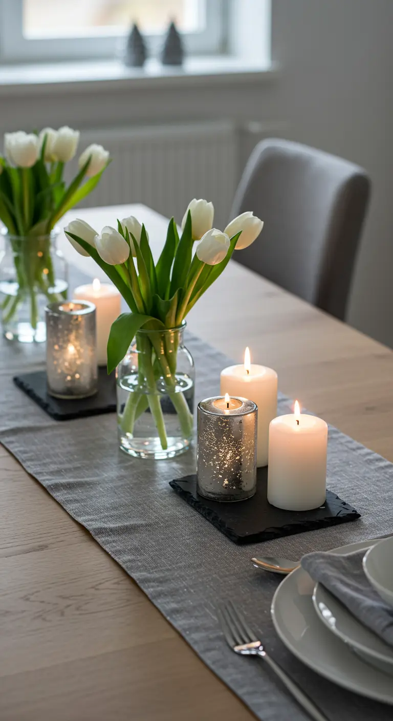 Table en bois avec tulipes blanches, bougies et photophores argentés sur un chemin de table gris.