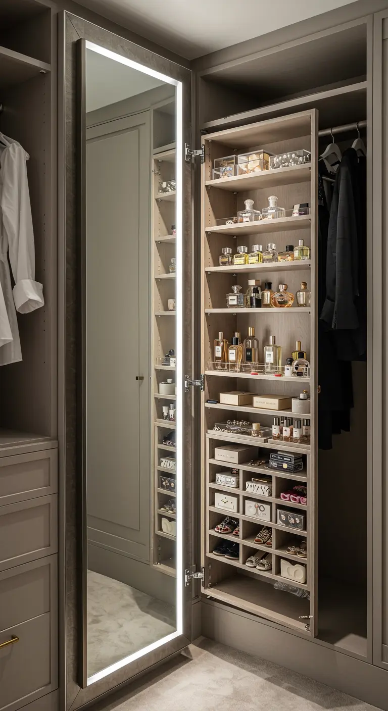 Miroir pleine hauteur avec contour lumineux, ouvert pour révéler des étagères de rangement pour parfums et bijoux.