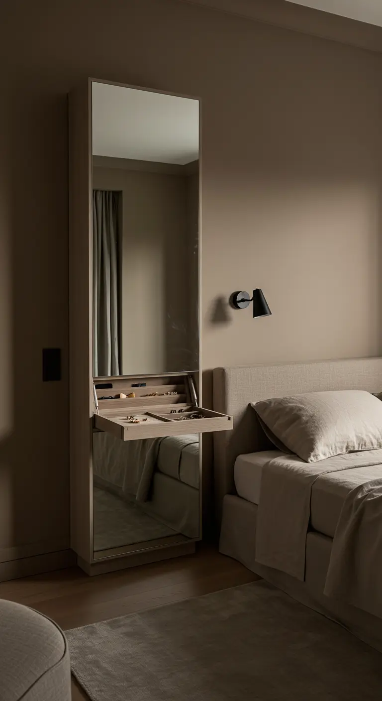 Miroir vertical avec un tiroir secret intégré pour ranger des bijoux.