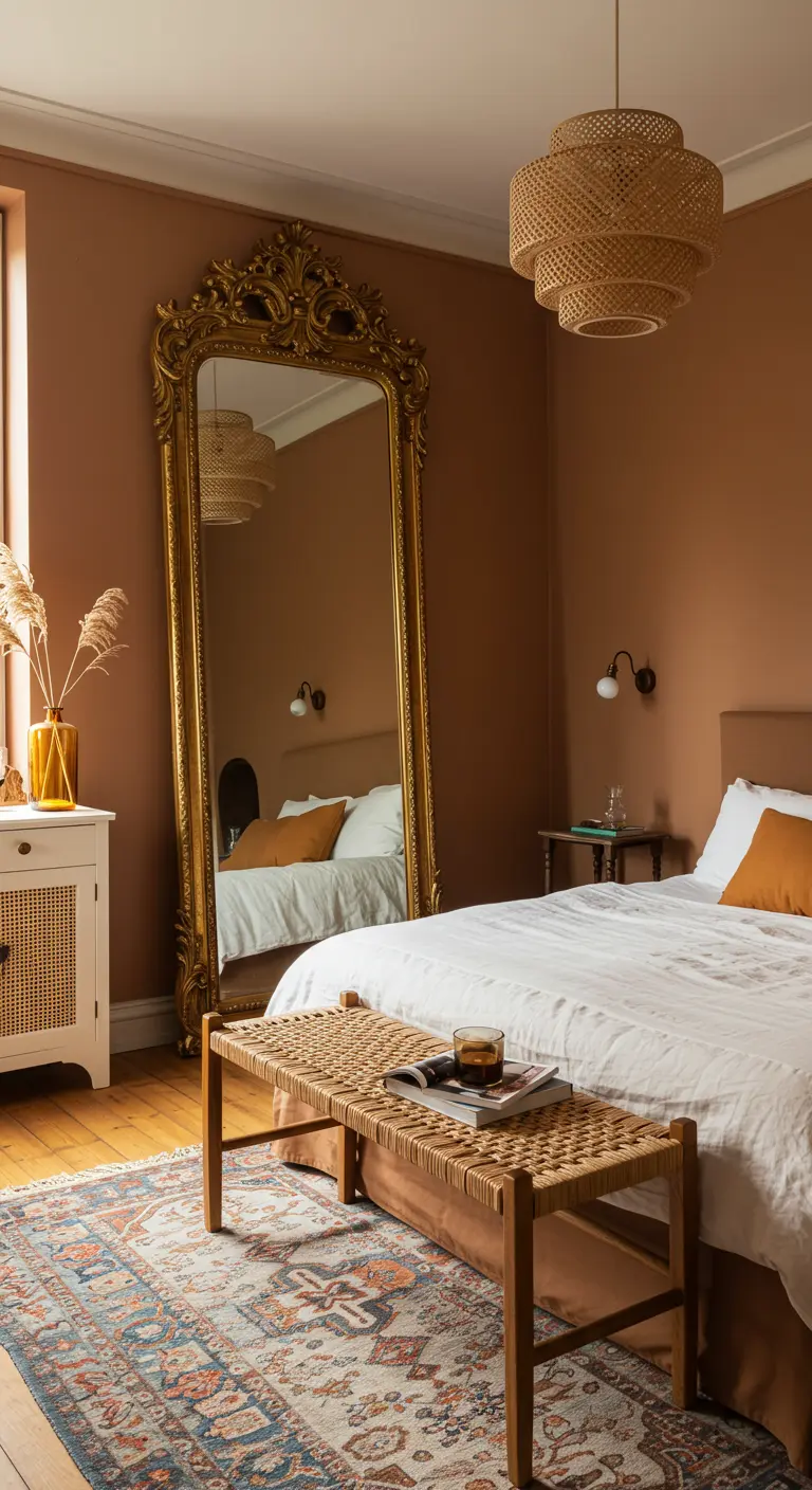 Très grand miroir au sol avec un cadre doré baroque dans une chambre terracotta.