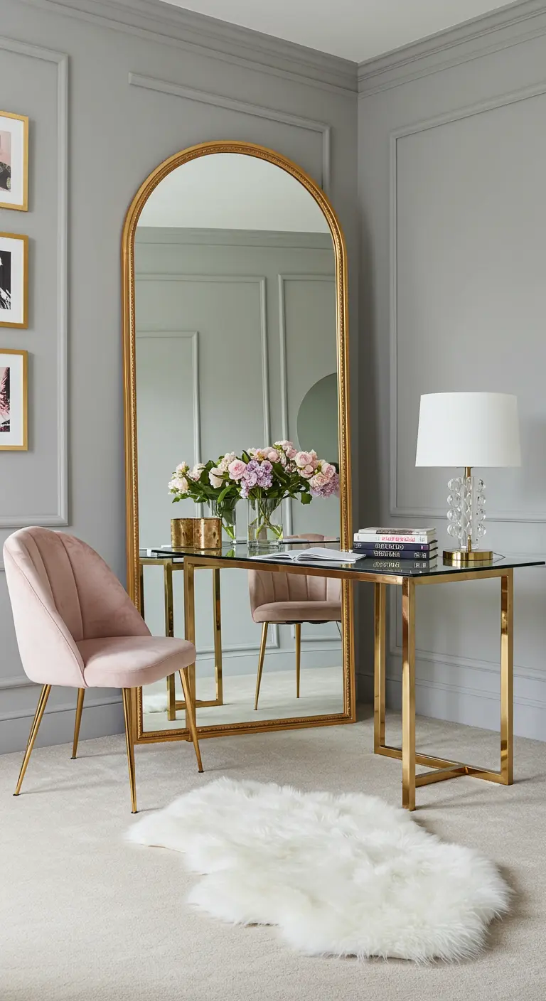 Bureau en verre et métal doré placé devant un grand miroir arqué à cadre doré, créant une illusion d'espace.