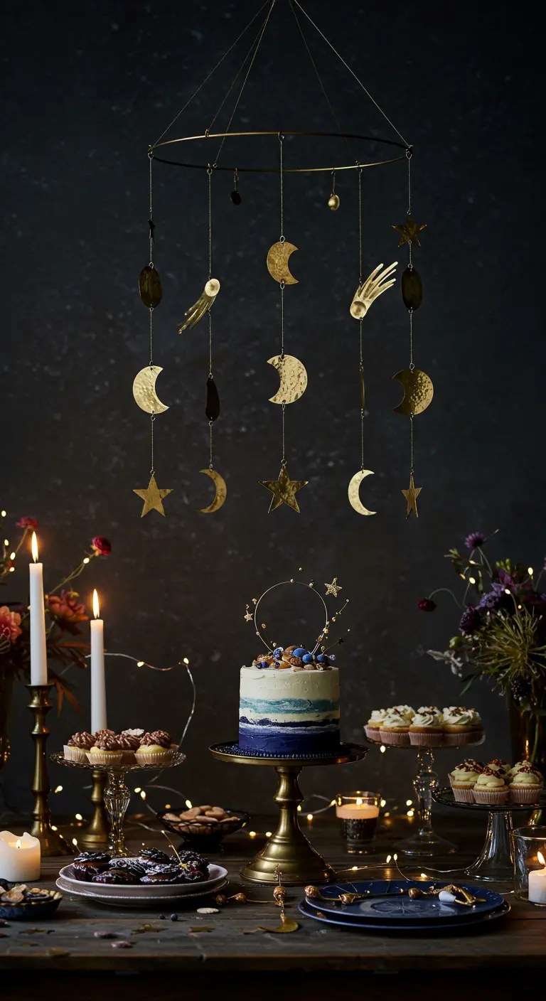 Mobile doré avec des lunes et des étoiles suspendu au-dessus d'une table de desserts.