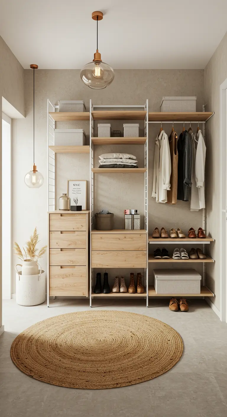 Système de rangement mural ouvert avec des éléments en bois clair et métal blanc.