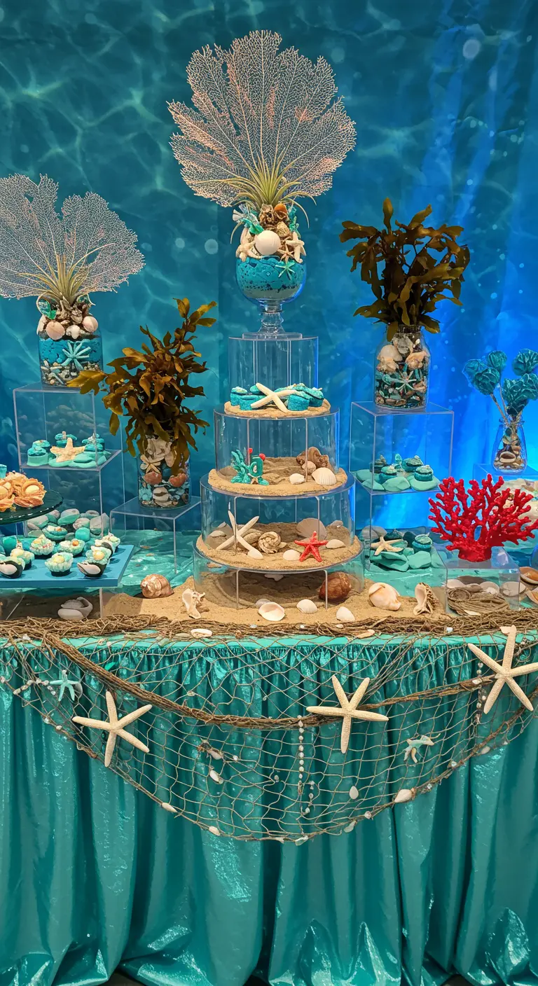 Buffet sur le thème de la mer avec du sable, des coraux, des étoiles de mer et un filet de pêche.