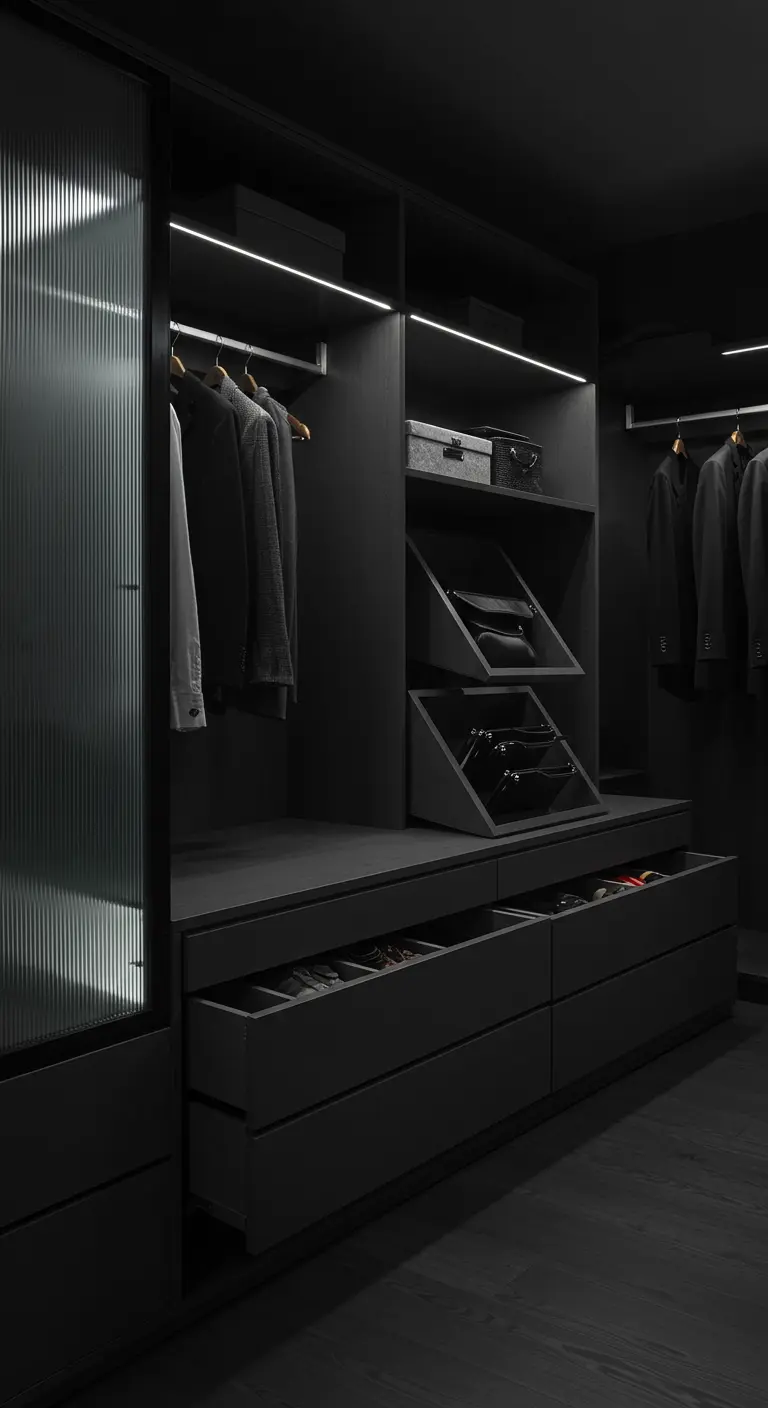 Dressing noir intégral avec éclairage LED intégré et porte en verre cannelé.