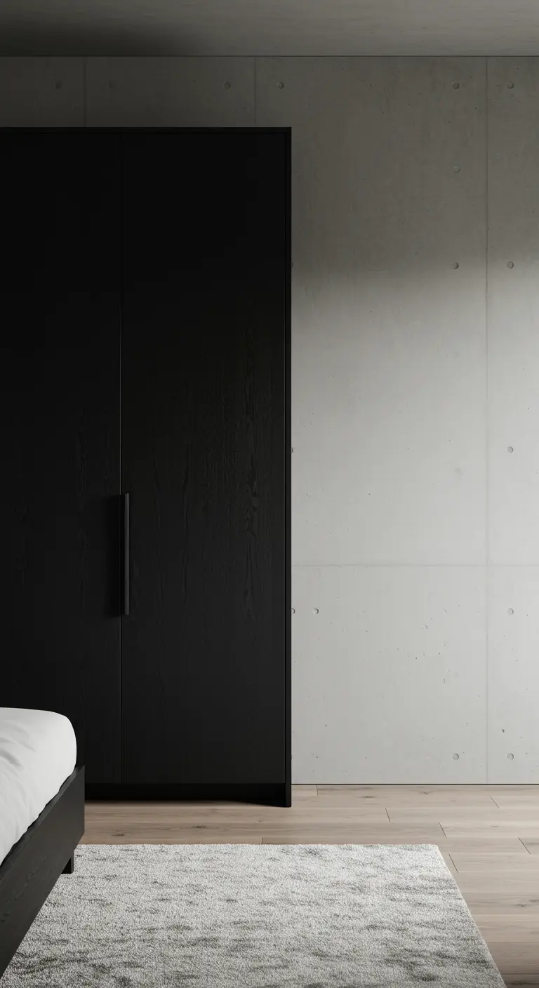 Armoire noire minimaliste avec poignées intégrées sur fond de mur en béton.
