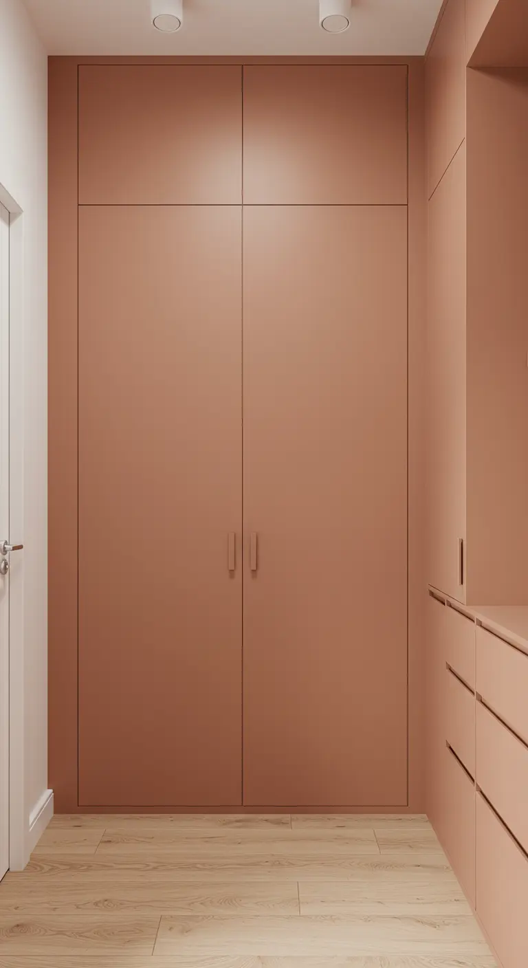 Grands placards intégrés de couleur terracotta avec des poignées discrètes ton sur ton.