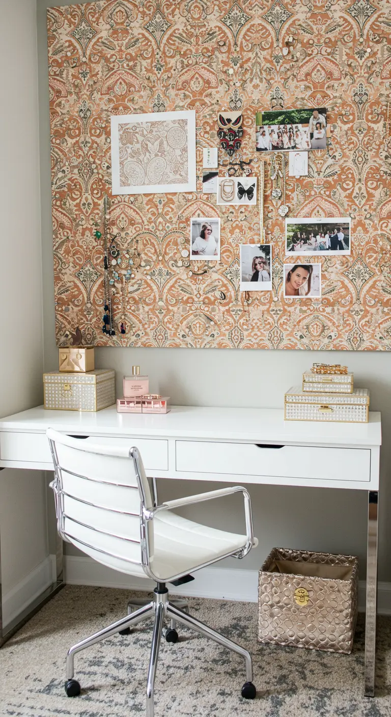 Tableau d'affichage recouvert de tissu à motifs bohèmes au-dessus d'un bureau.