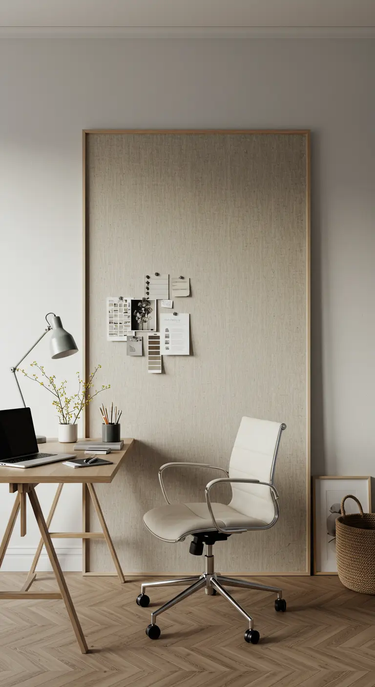 Grand tableau d'affichage vertical recouvert de tissu de lin, adossé à un mur derrière un bureau en bois.