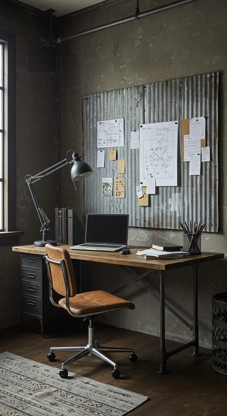 Bureau de style industriel avec un grand panneau en tôle ondulée servant de tableau magnétique.