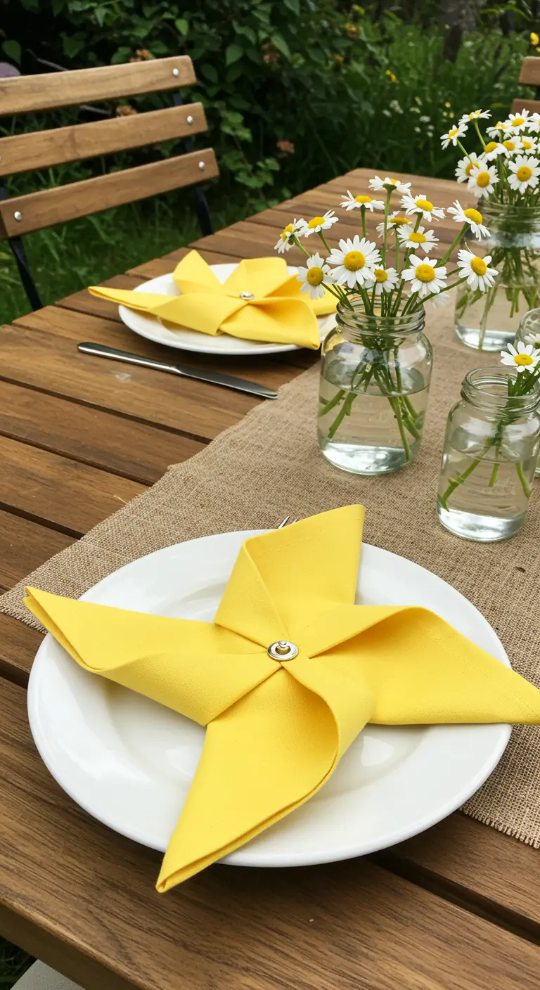 Serviette jaune pliée en forme de moulin à vent sur une assiette blanche.