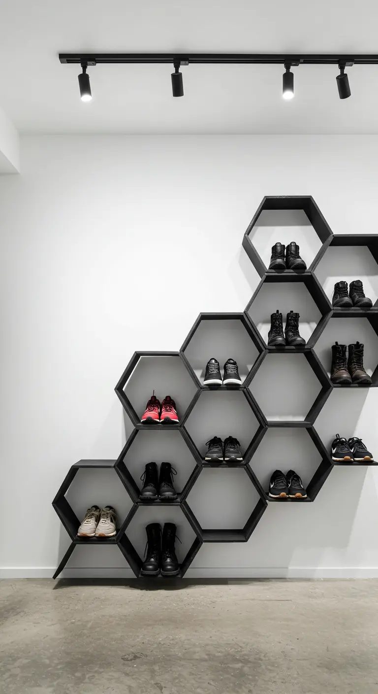 Une composition murale d'étagères hexagonales noires présentant des paires de baskets.