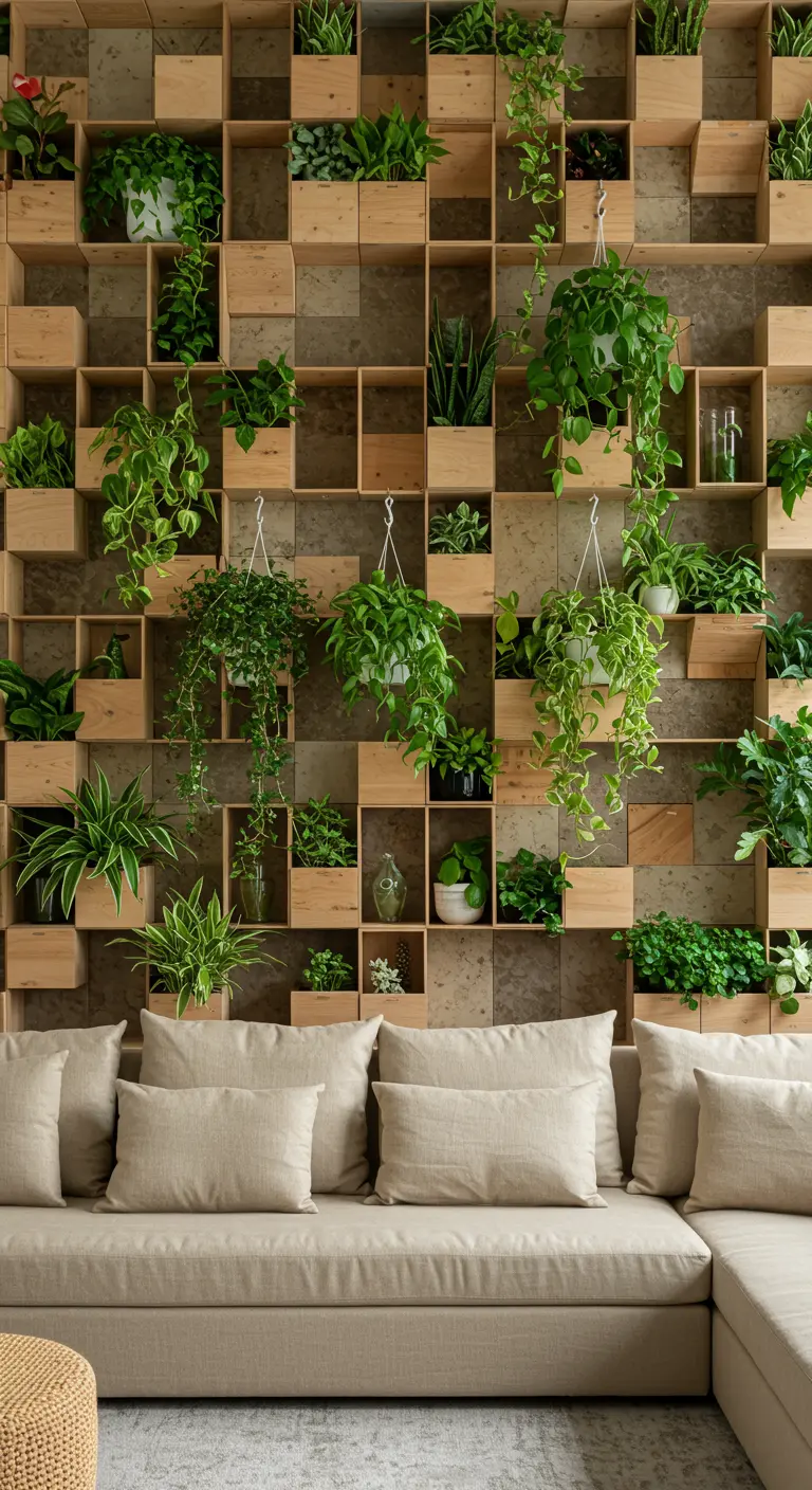 Mur entièrement recouvert de caissons en bois de différentes tailles, remplis de plantes vertes.