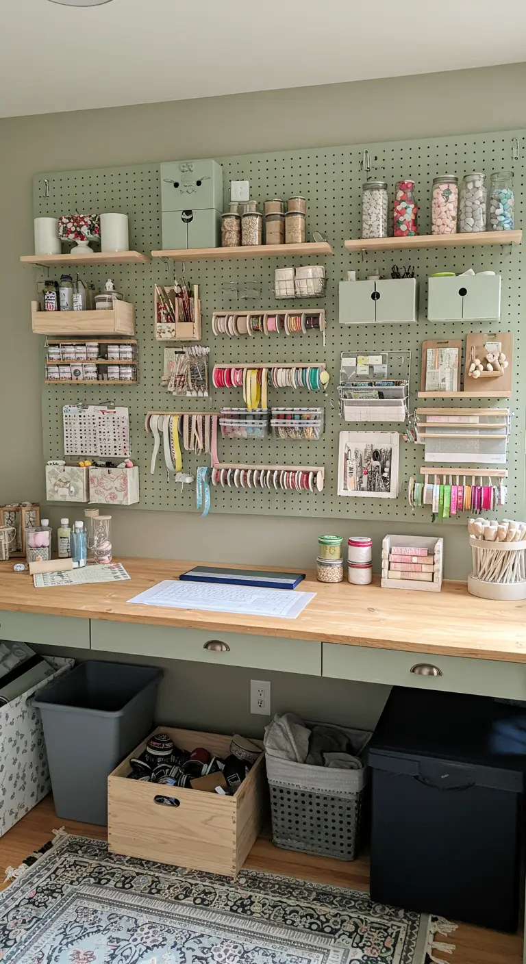 Grand mur de panneau perforé vert sauge avec de nombreux rangements pour matériel de loisirs créatifs.