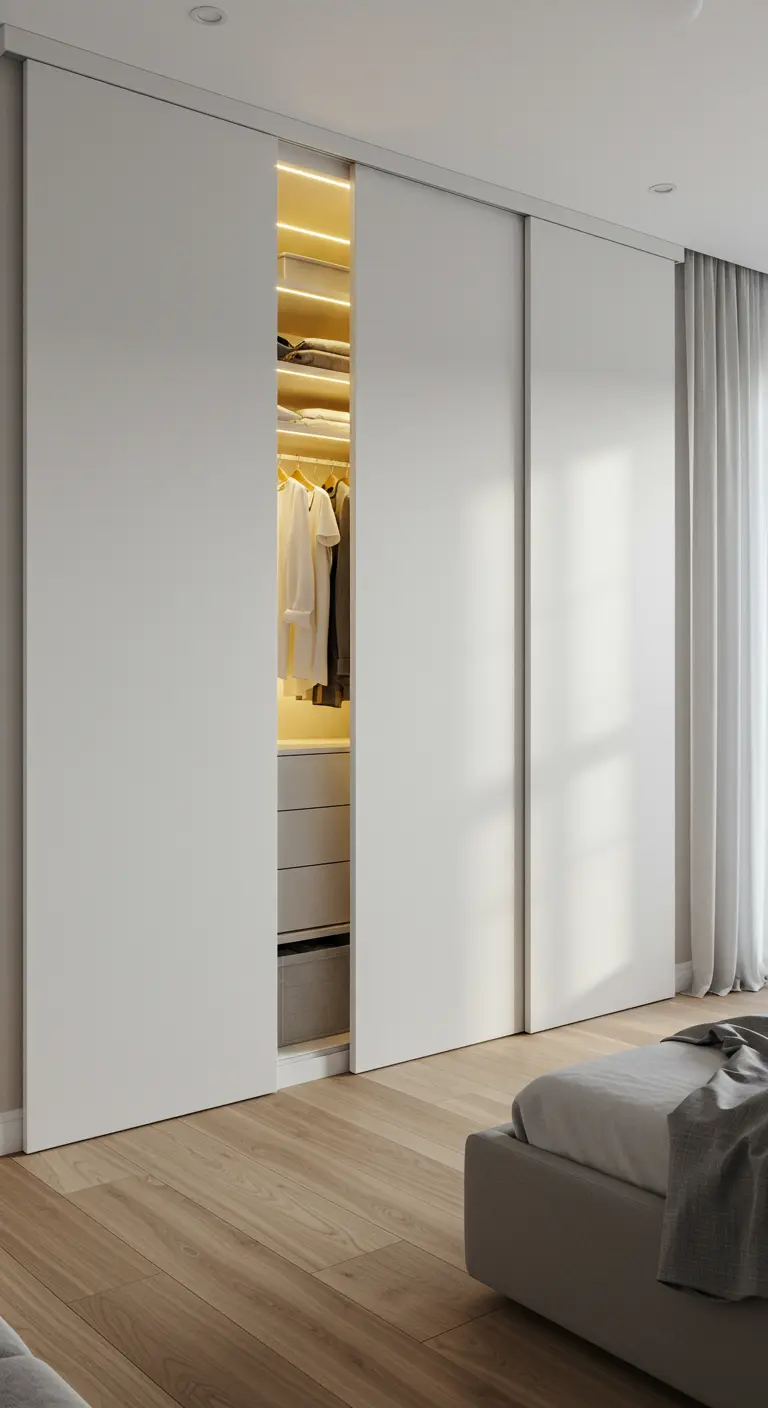 Dressing minimaliste avec portes coulissantes blanches sans poignées.
