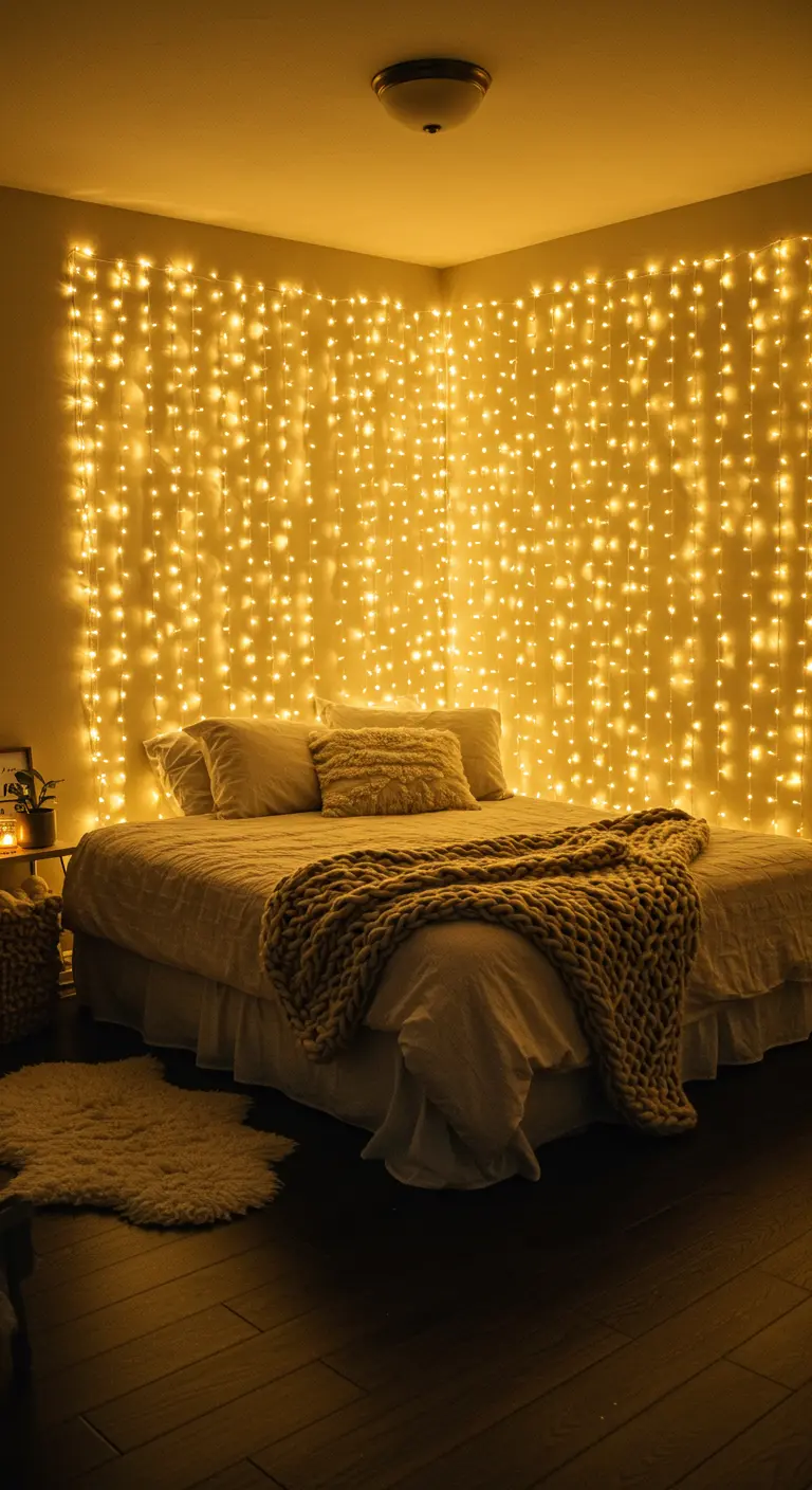 Un lit double devant un mur entièrement recouvert de guirlandes lumineuses blanc chaud.