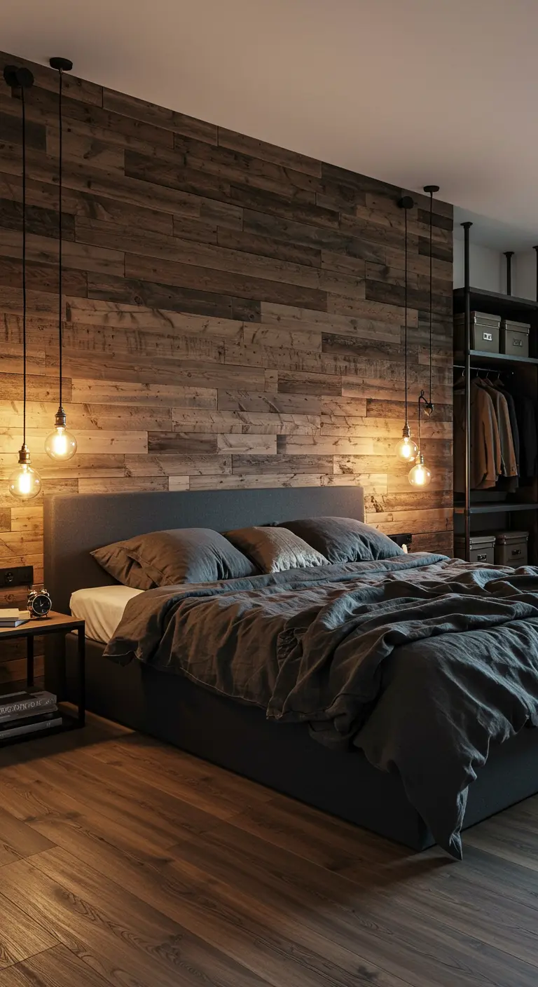 Chambre avec un mur en bois de récupération, des ampoules suspendues et du linge de lit gris foncé.