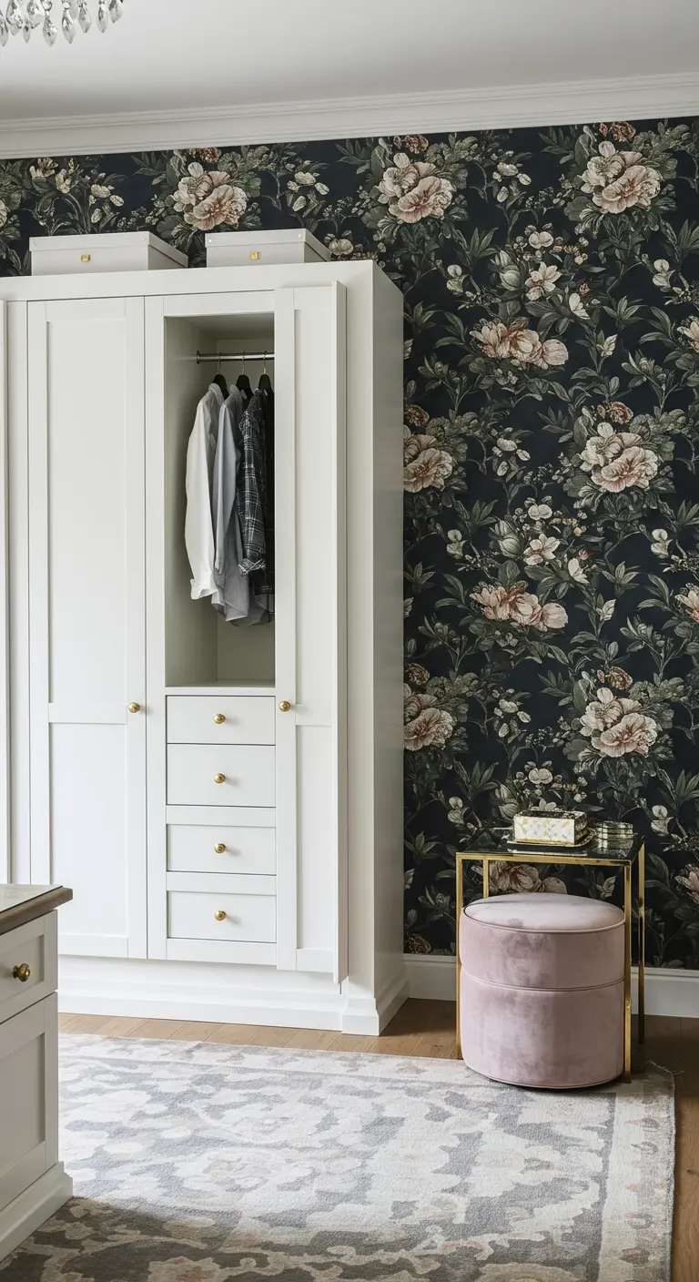 Armoire de dressing blanche sur fond de mur recouvert d'un papier peint à motif floral sombre.