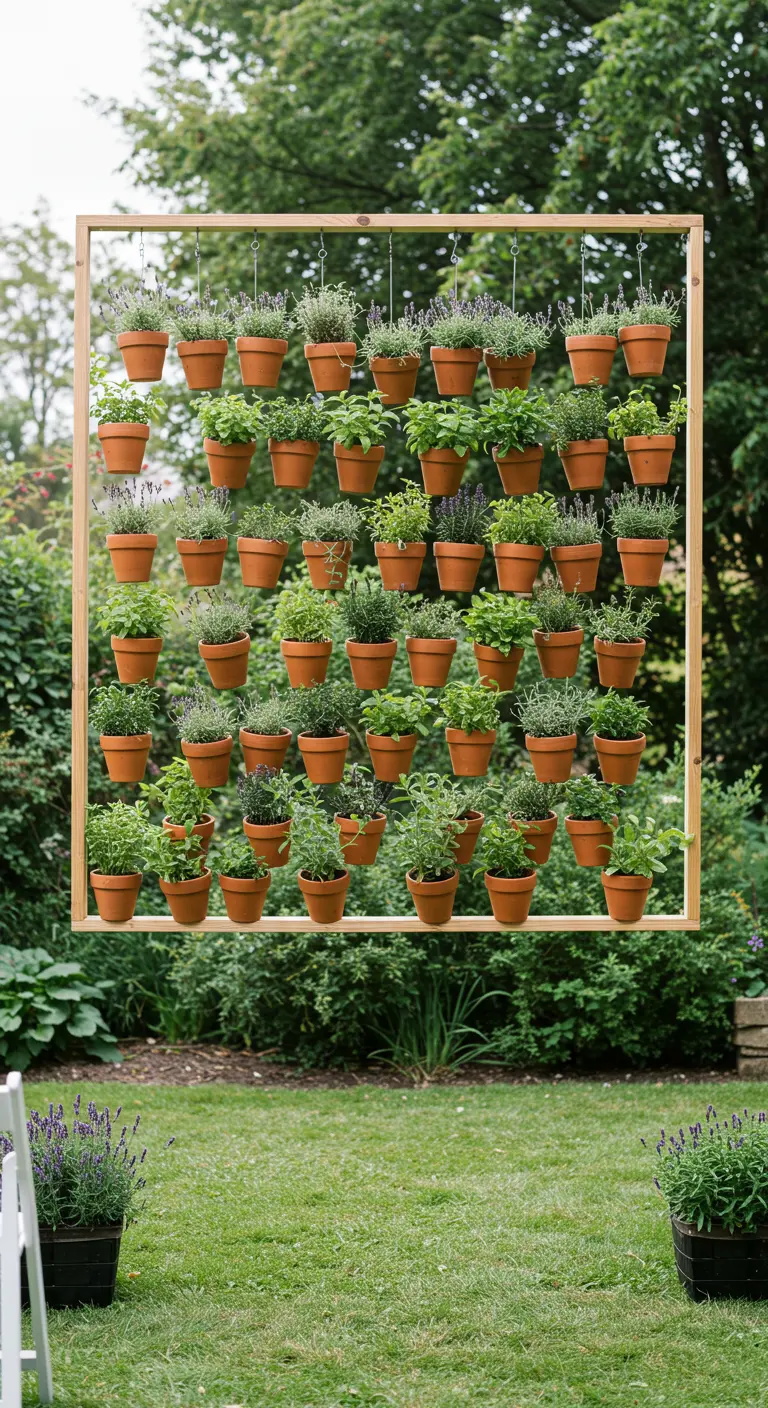 Cadre en bois suspendu avec des dizaines de petits pots d'herbes aromatiques.