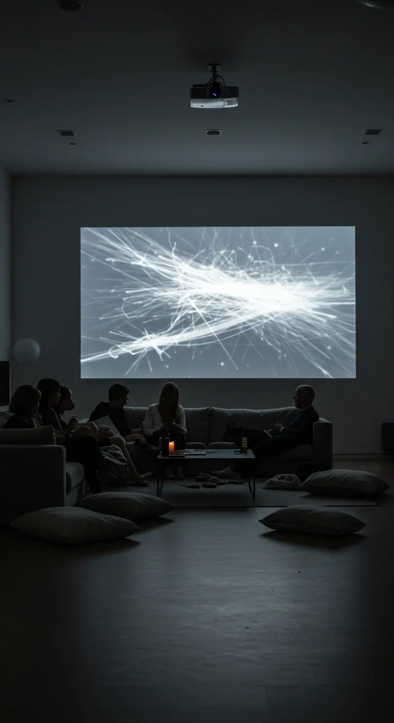 Un groupe de personnes regardant une projection abstraite sur un mur blanc.