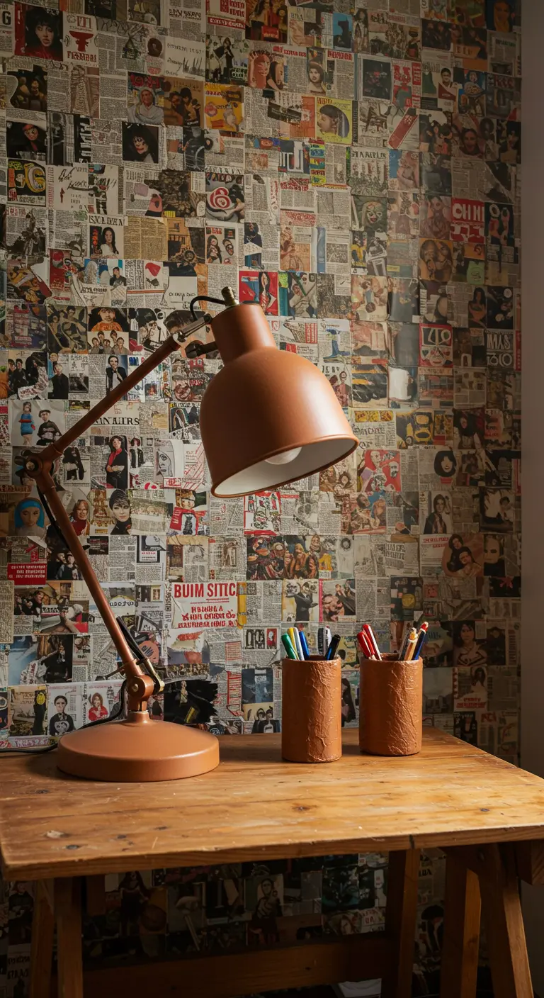 Bureau en bois devant un mur entièrement recouvert d'un collage de pages de magazines.