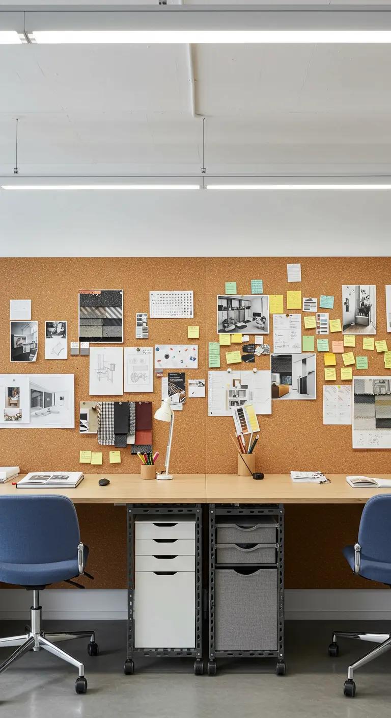 Deux postes de travail devant un immense mur entièrement recouvert de liège servant de tableau d'affichage.