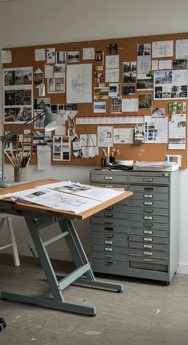 Atelier de designer avec une table à dessin et un mur entier recouvert de liège pour l'inspiration.