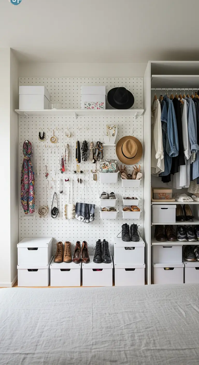 Mur de placard couvert d'un panneau perforé blanc avec accessoires et bijoux.