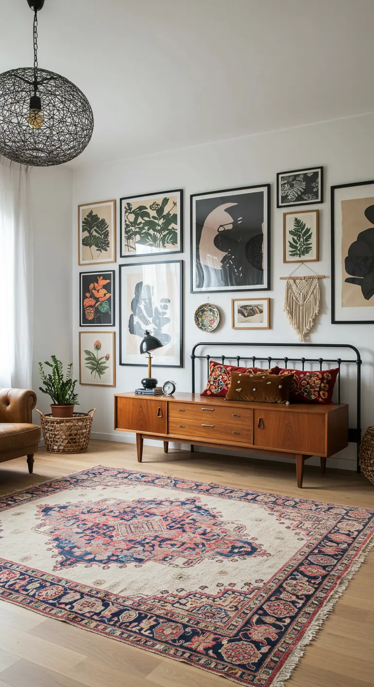 Mur de cadres botaniques et abstraits au-dessus d'un banc Mid-Century.