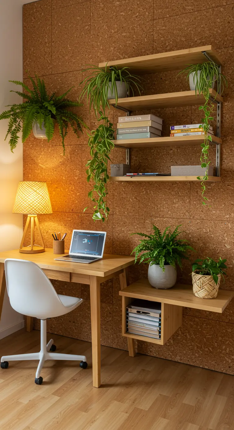 Bureau en bois clair devant un mur de liège, avec étagères et plantes retombantes.